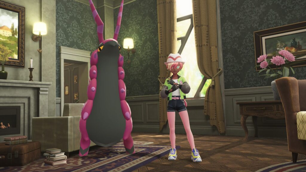 『ポケモンレジェンズZA』のスクリーンショット。
ホテルZロビーにて。左にペンドラー、右に主人公。
主人公のファッションは、ガイにもらったジャケット、ピュールにもらった帽子と靴、それ以外のタイツやTシャツなどはピンク系になっている。