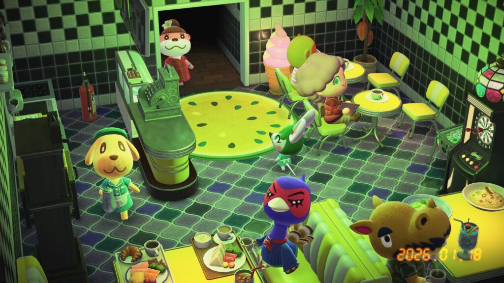 『あつまれどうぶつの森ハッピーホームパラダイス』のスクリーンショット。緑色の光源のカフェ。ダイナー調の家具がレイアウトされている。