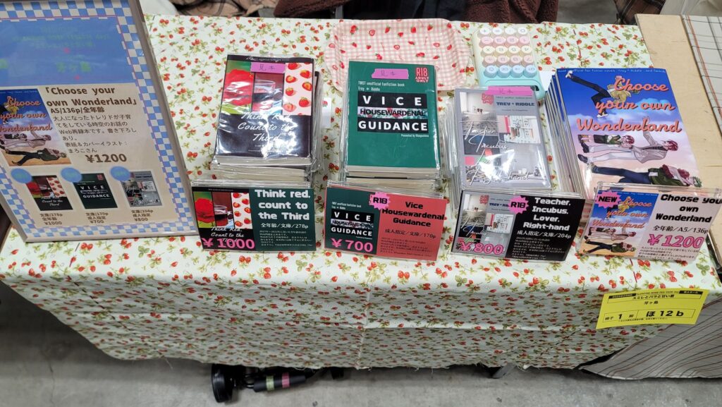 同人イベントのサークルスペースの写真。スペース「ほ12b」サークル名「牙ヶ島」頒布物は既刊3種に新刊1種。お品書きが立ててある。