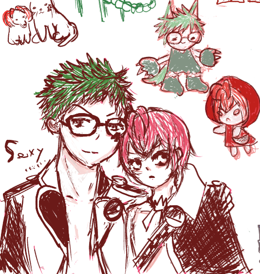 トレイ×リドルのイラスト。素肌にジャケットを着たトレイが素肌にマントを着たリドルの肩を抱いている。その右上に、デフォルメされた狼のトレイと赤ずきんのリドル。