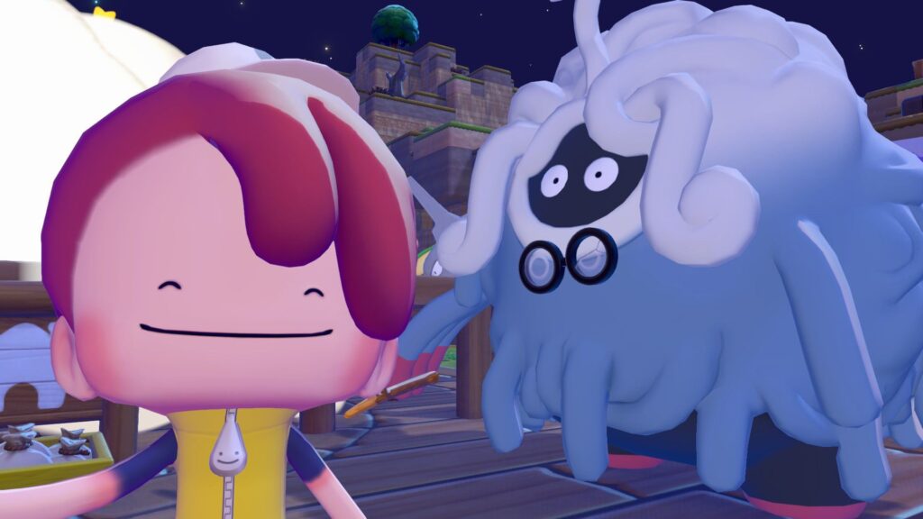 『ぽこあポケモン』のスクリーンショット。にっこり笑って自撮りをするメタモンと、モジャンボはかせ